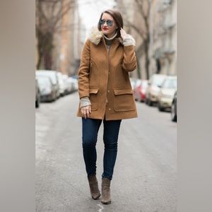 NWT J Crew Chateau Parka Italian Stadium Cloth Wool with Fur Hood